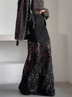 Bottom Sheer Black Cut Out Lace Raised Waist Skirt