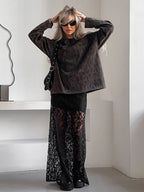 Bottom Sheer Black Cut Out Lace Raised Waist Skirt