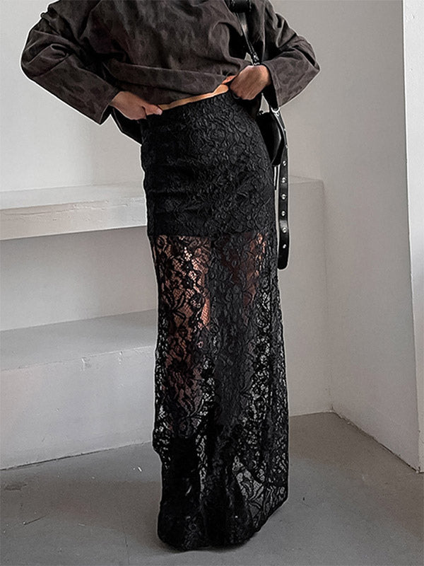 Bottom Sheer Black Cut Out Lace Raised Waist Skirt