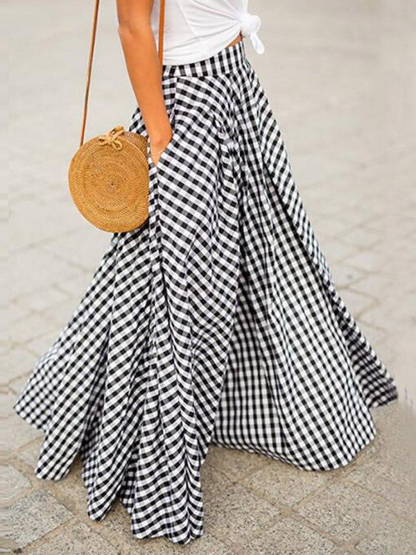 Skirts Black Plaid Casual Summer Long Women's Bottoms