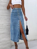 Skirts Blue Denim Casual Fall Mid-calf Length Women's Bottoms