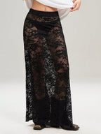 Skirts Black Lace Raised Waist Sexy Sheer Long Women's Bottoms
