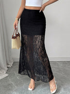 Skirts Black Lace Raised Waist Elegant Sheer Long Women's Bottoms