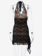 Night Out Dresses Black Lace Halter Deep V Ruffle Mini Dress Bodycon Nightclub Party Outfit