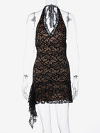 Night Out Dresses Black Lace Halter Deep V Ruffle Mini Dress Bodycon Nightclub Party Outfit