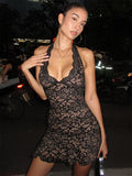 Night Out Dresses Black Lace Halter Deep V Ruffle Mini Dress Bodycon Nightclub Party Outfit