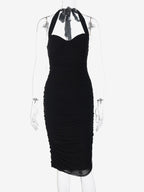 Party Dresses Black Halter Sweetheart Ruched Split Midi Dress Night Club City Outfit