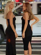 Party Dresses Black Halter Sweetheart Ruched Split Midi Dress Night Club City Outfit