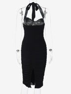 Party Dresses Black Halter Sweetheart Ruched Split Midi Dress Night Club City Outfit