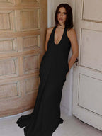 Party Dresses Halter Deep V Pleated Draped Maxi Dress Backless Flowy Evening Gown