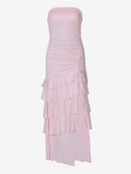 Vacation Dress Strapless Ruched Ruffle Slit Midi Bodycon Dress Beach Resort Sundress