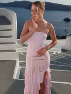 Vacation Dress Strapless Ruched Ruffle Slit Midi Bodycon Dress Beach Resort Sundress