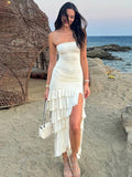 Vacation Dress Strapless Ruched Ruffle Slit Midi Bodycon Dress Beach Resort Sundress