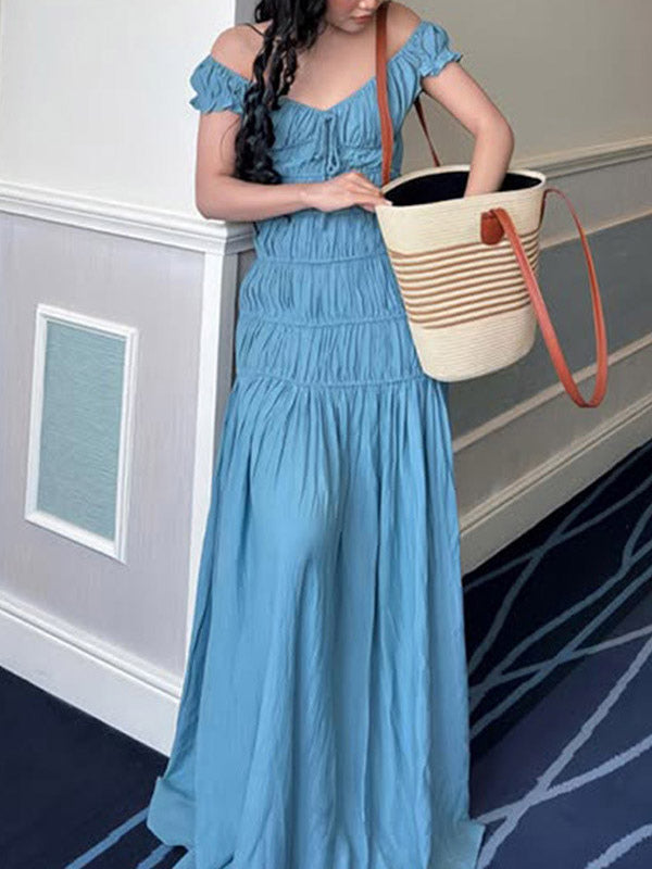 Vacation Dress Flowy Tiered Smocked Maxi Off Shoulder Ruffle Sleeve Summer Resort Vacation Sundress