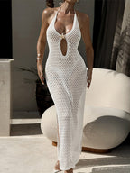 Night Out Dresses Sexy Cutout Mesh Halter Maxi Backless High Slit Fishnet Sheer Long Nightclub Party Dress
