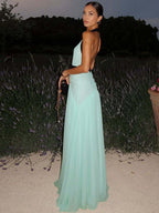 Vacation Dresses Flowy Chiffon Deep V Backless Halter Maxi Dress Summer Resort Evening Party Dress
