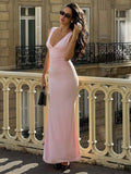 Vacation Dresses Blush Pink Deep V Cutout Back Ruched Bodycon Maxi Dress Evening Cocktail Gown