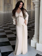 Party Dresses Off Shoulder Lace Trim Flare Sleeve Maxi Dress Deep V Bodycon Mermaid Gown