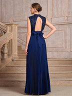 Party Dresses High Neck Sequin Sleeveless Back Bow Pleated Maxi Evening Gown
