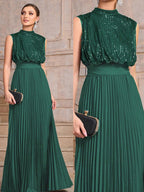 Party Dresses High Neck Sequin Sleeveless Back Bow Pleated Maxi Evening Gown