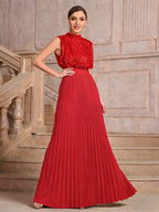 Party Dresses High Neck Sequin Sleeveless Back Bow Pleated Maxi Evening Gown