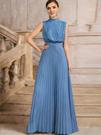 Party Dresses High Neck Sequin Sleeveless Back Bow Pleated Maxi Evening Gown