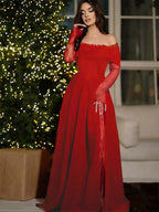 Off Shoulder Eyelash Lace Long Sleeve Slit A-Line Maxi Evening Gown