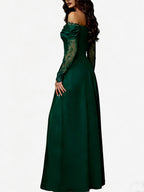 Off Shoulder Eyelash Lace Long Sleeve Slit A-Line Maxi Evening Gown