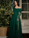 Off Shoulder Eyelash Lace Long Sleeve Slit A-Line Maxi Evening Gown