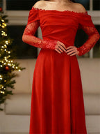 Off Shoulder Eyelash Lace Long Sleeve Slit A-Line Maxi Evening Gown