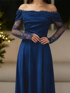 Off Shoulder Eyelash Lace Long Sleeve Slit A-Line Maxi Evening Gown