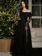 Off Shoulder Eyelash Lace Long Sleeve Slit A-Line Maxi Evening Gown