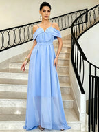 Party Dresses Off Shoulder Spaghetti Strap Chiffon Flowy Maxi Bridesmaid Dress