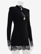 Night Out Dresses Mandarin Collar Gold Button Lace Cuff Long Sleeve Bodycon Mini Dress