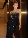 Night Out Dresses Strapless Rhinestone Embellished Bodycon Midi Dress Back Split Evening Gown
