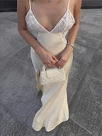 Daily Dresses Deep V Lace Satin Spaghetti Strap Slit Mermaid Maxi Dress