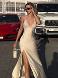 Daily Dresses Deep V Lace Satin Spaghetti Strap Slit Mermaid Maxi Dress