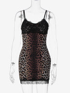 Night Out Dresses Wild Leopard Print Cami Slip Mini Lace Trim Strap Bodycon Night Chemise