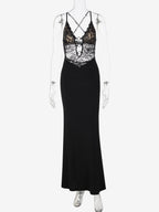 Night Out Dresses Black Criss Cross Back Lace Cutout Maxi Dress Nightclub Evening Gown