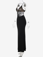 Night Out Dresses Black Criss Cross Back Lace Cutout Maxi Dress Nightclub Evening Gown