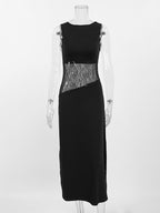 Party Dresses Black White Waist Lace Cutout Sleeveless Bodycon Midi Evening Dress