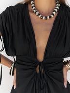 Party Dresses Deep V Drawstring Waist Open Back Maxi Dress Short Sleeve Flowy Vacation Gown