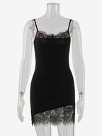 Daily Dresses Spaghetti Strap Eyelash Lace Trim Asymmetrical Hem Bodycon Mini Dress