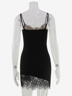 Daily Dresses Spaghetti Strap Eyelash Lace Trim Asymmetrical Hem Bodycon Mini Dress