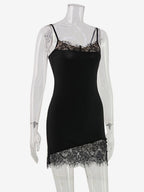 Daily Dresses Spaghetti Strap Eyelash Lace Trim Asymmetrical Hem Bodycon Mini Dress