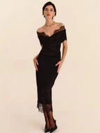 Party Dresses Off Shoulder Lace Trim Ruched Bodycon Midi Dress With Slit