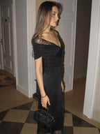 Party Dresses Off Shoulder Lace Trim Ruched Bodycon Midi Dress With Slit