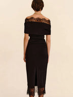 Party Dresses Off Shoulder Lace Trim Ruched Bodycon Midi Dress With Slit