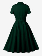 Vintage Dresses 1950s Vintage Swing Dress Bow Tie Collar Short Sleeve Tea Party Dress