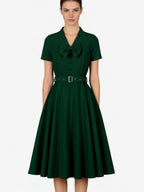 Vintage Dresses 1950s Vintage Swing Dress Bow Tie Collar Short Sleeve Tea Party Dress